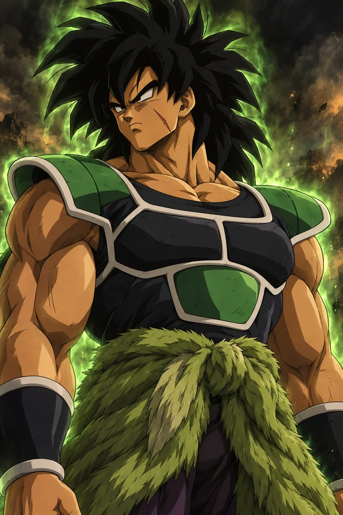 Broly surrounded by a powerful green aura, original fan illustration
