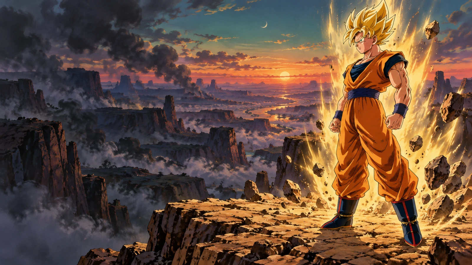 Super Saiyan Goku stands above a vast sunset canyon, surrounded by a golden aura.