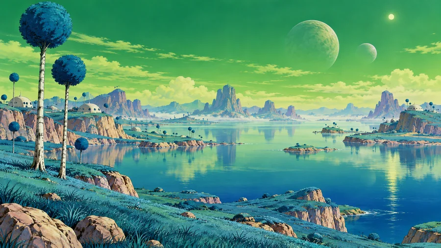 Generated fan illustration of Namek’s green sky, blue trees, and wide lakes